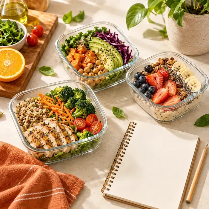 Refeições coloridas e planejador representando alimentação inteligente