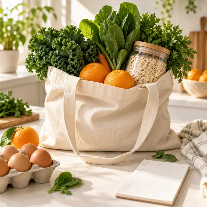 Sacola de compras com verduras, frutas, ovos e aveia
