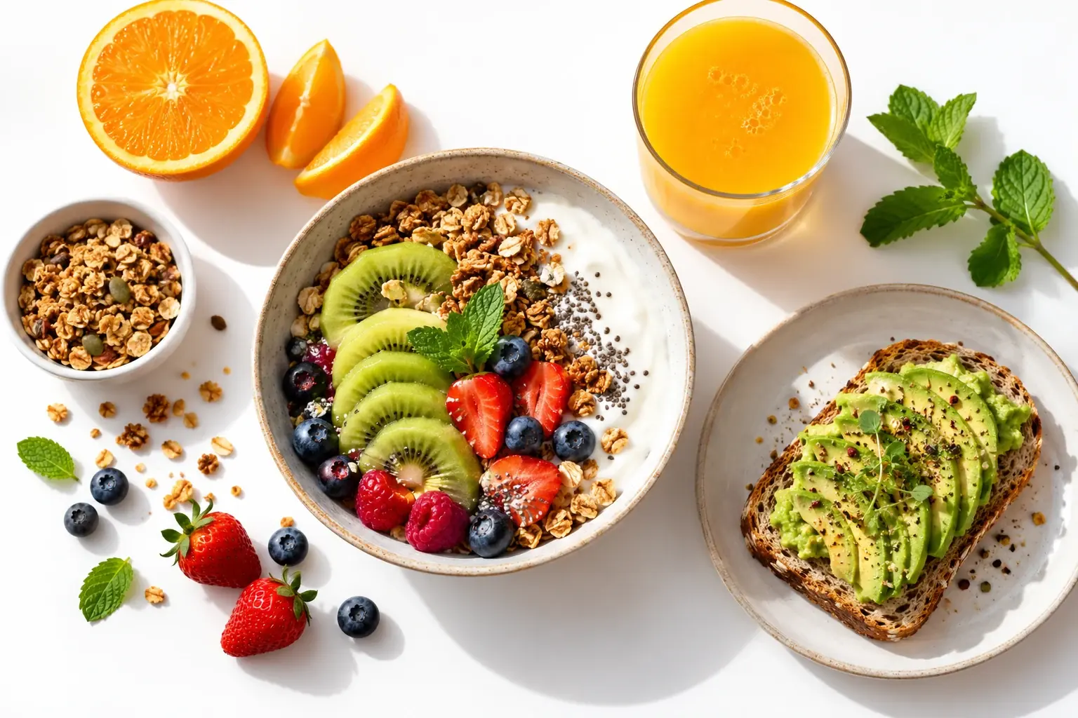 Inspiração para o café da manhã: iogurte com frutas, torrada com abacate e suco