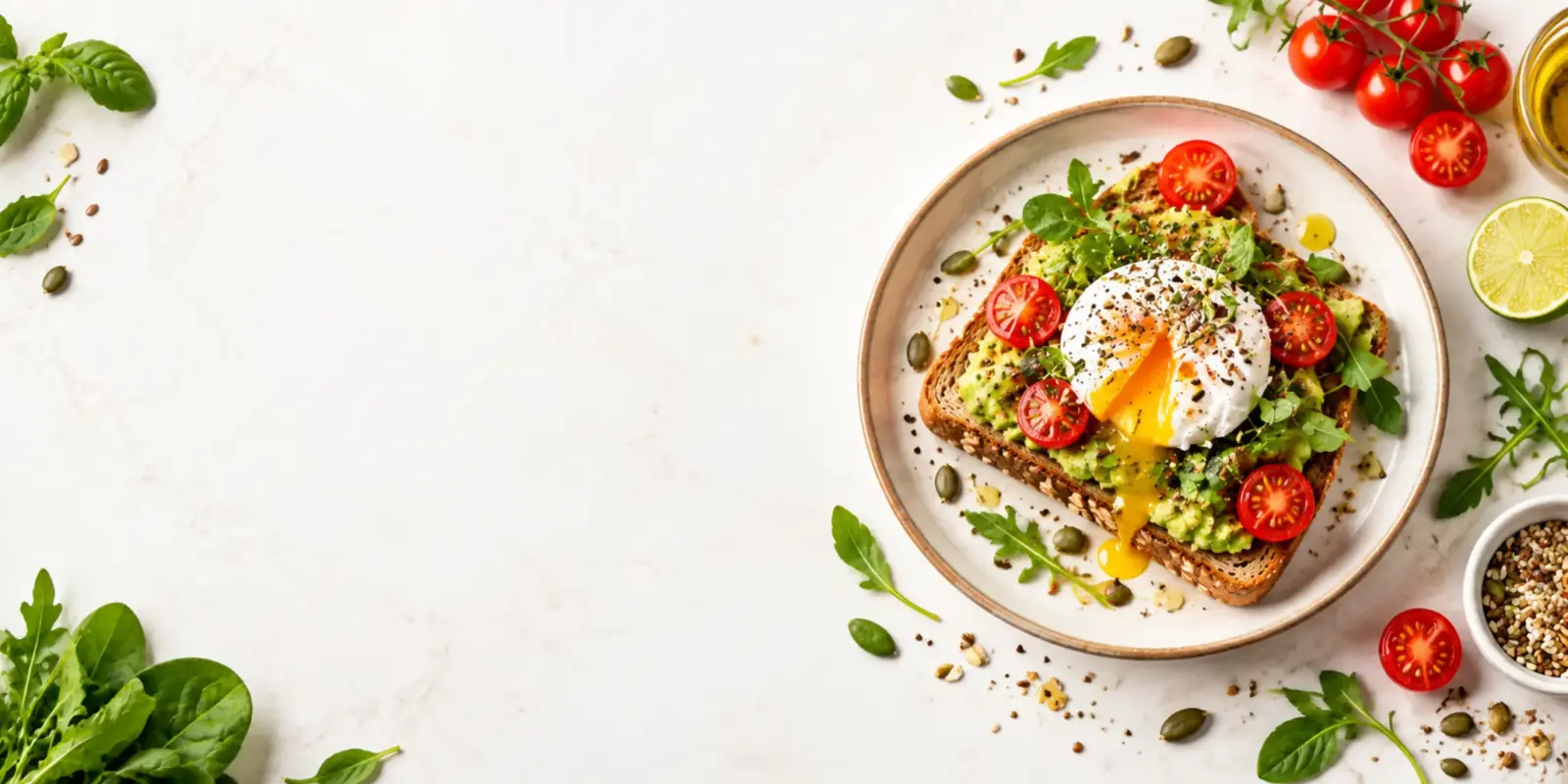 Torrada integral com abacate, ovo pochê, tomates e folhas verdes