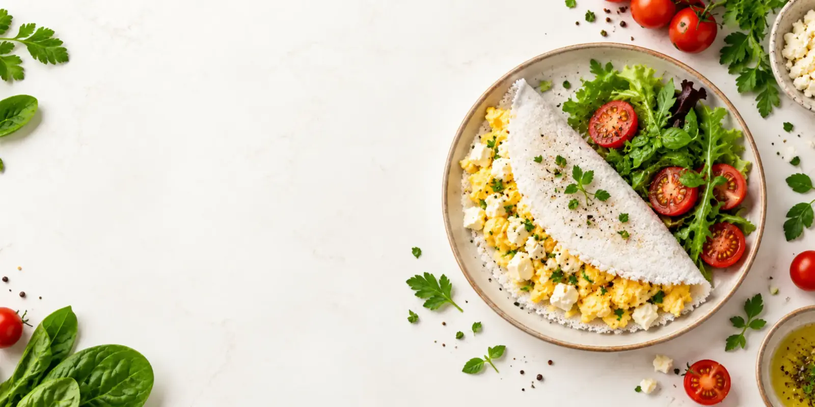 Tapioca recheada com ovos mexidos e queijo branco, acompanhada de salada