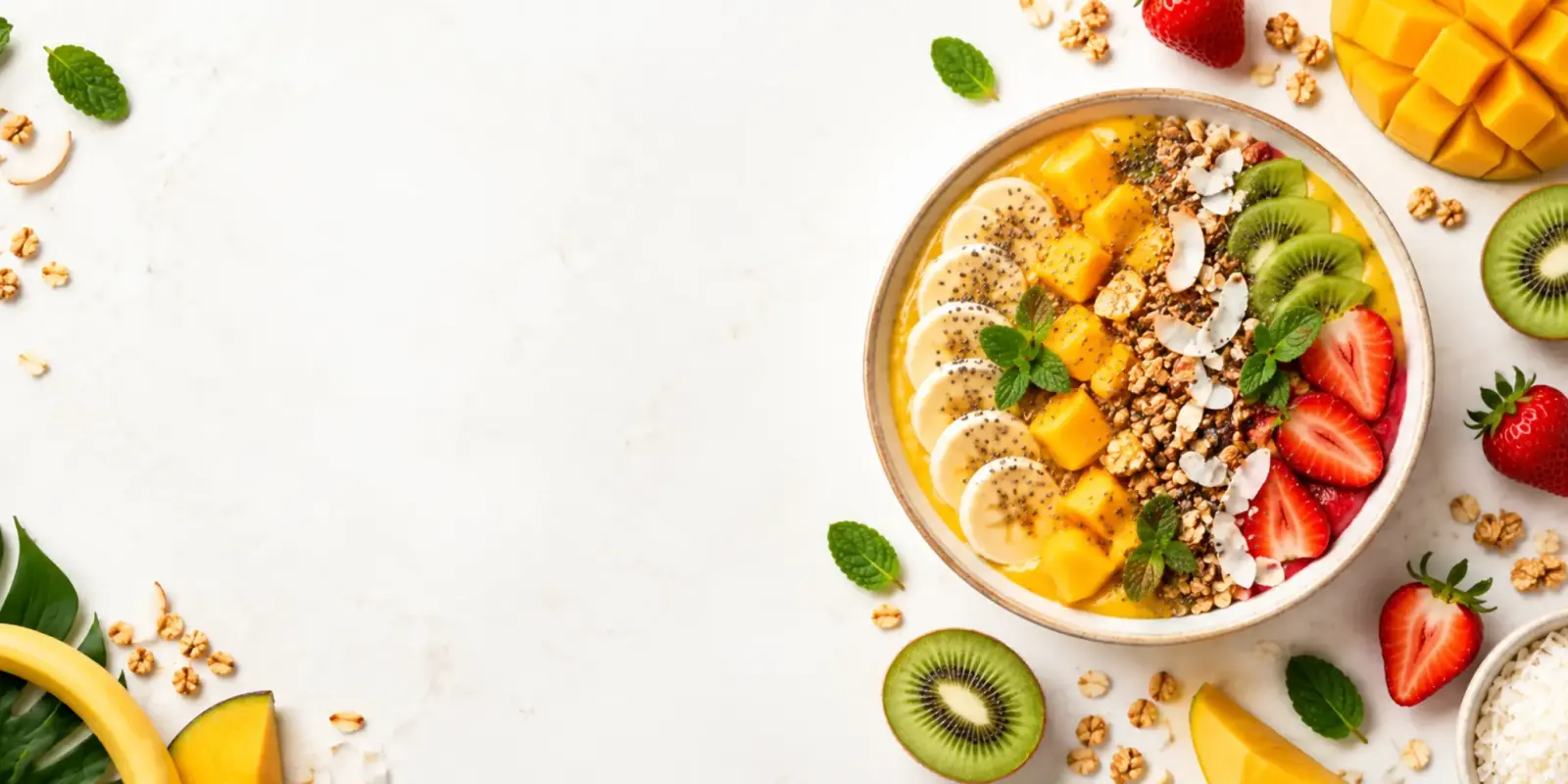 Smoothie bowl tropical com manga, banana, kiwi, morangos, coco e granola