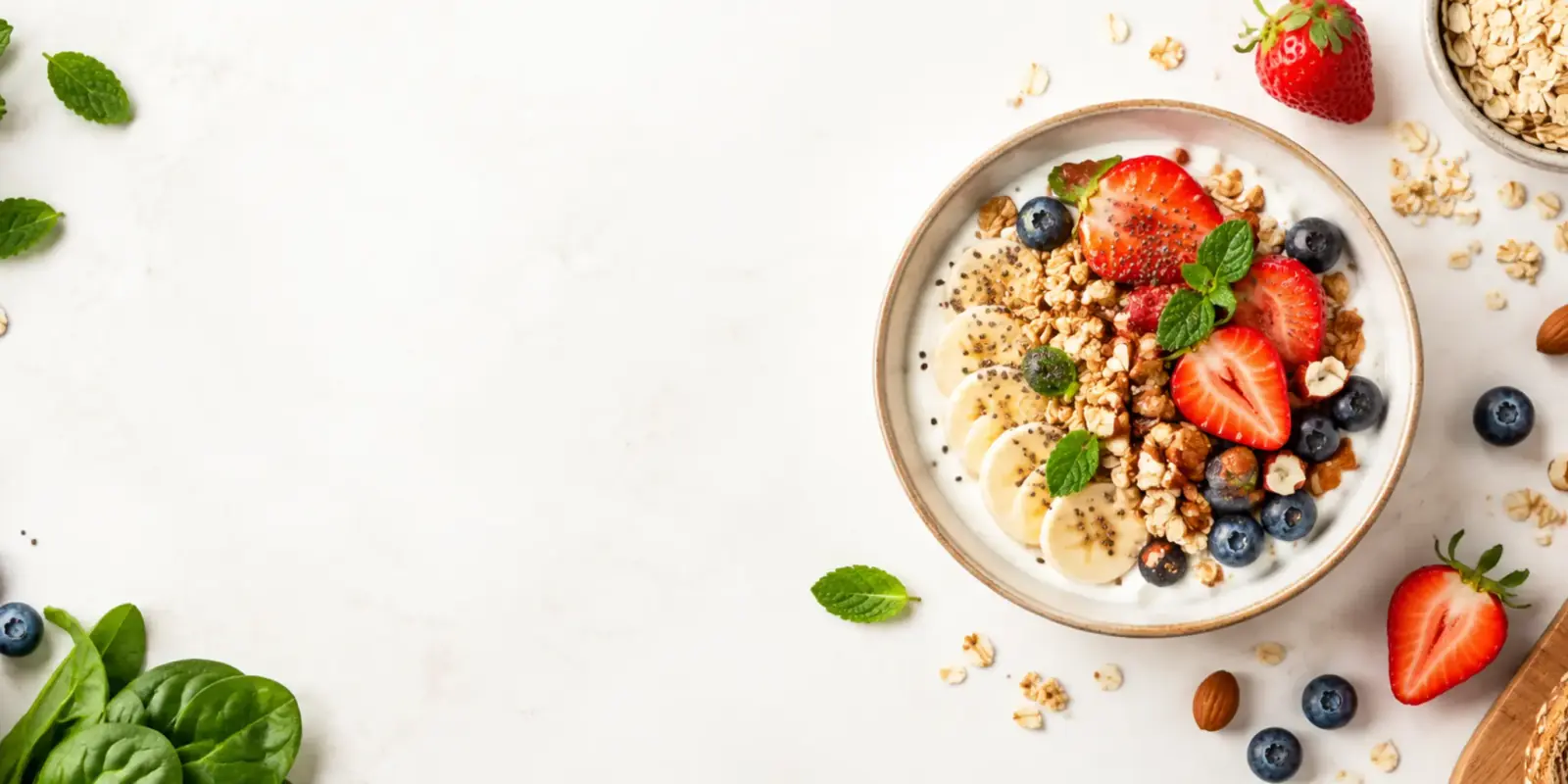 Tigela de iogurte com morangos, banana, mirtilos, granola e hortelã